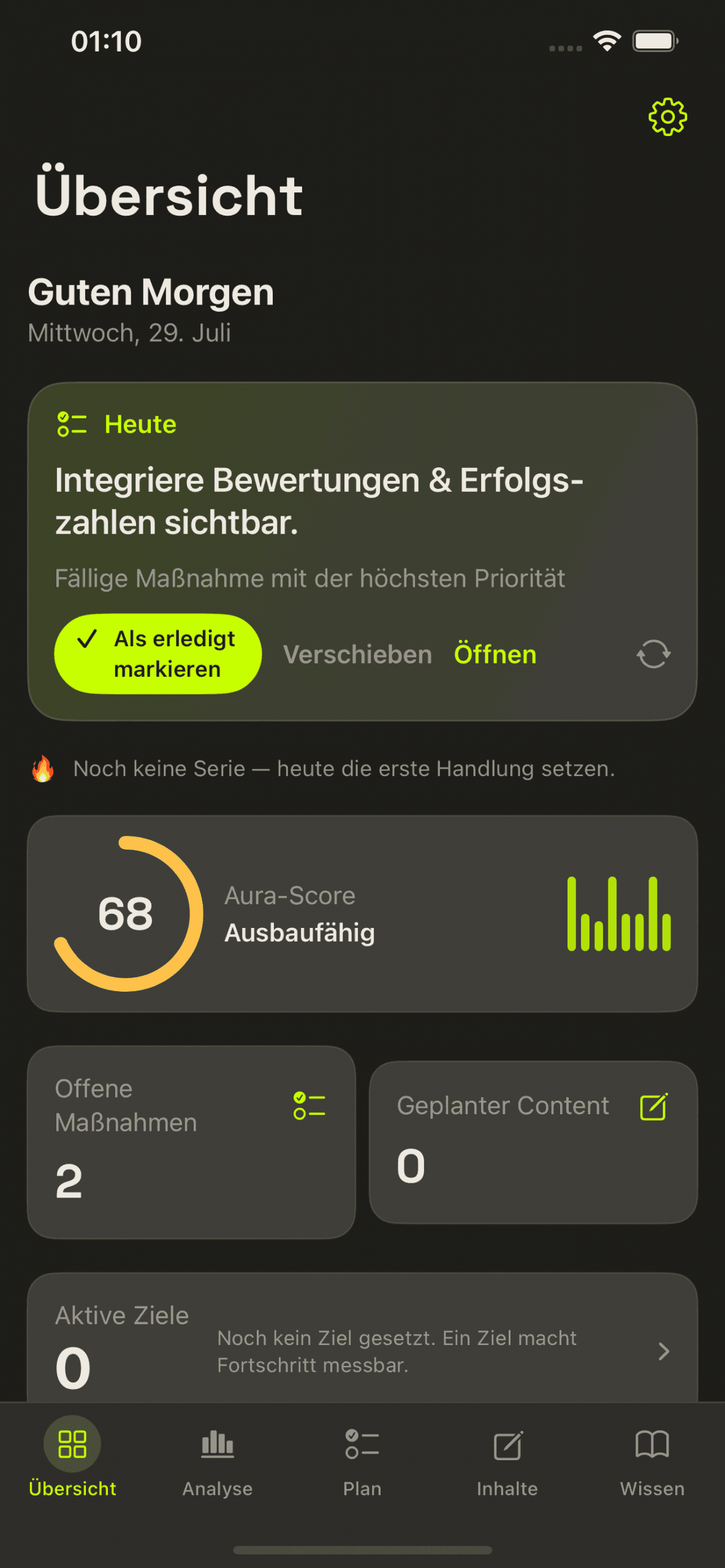Übersicht in Aura Focus: Score, Tagesaktion und Wochenfortschritt