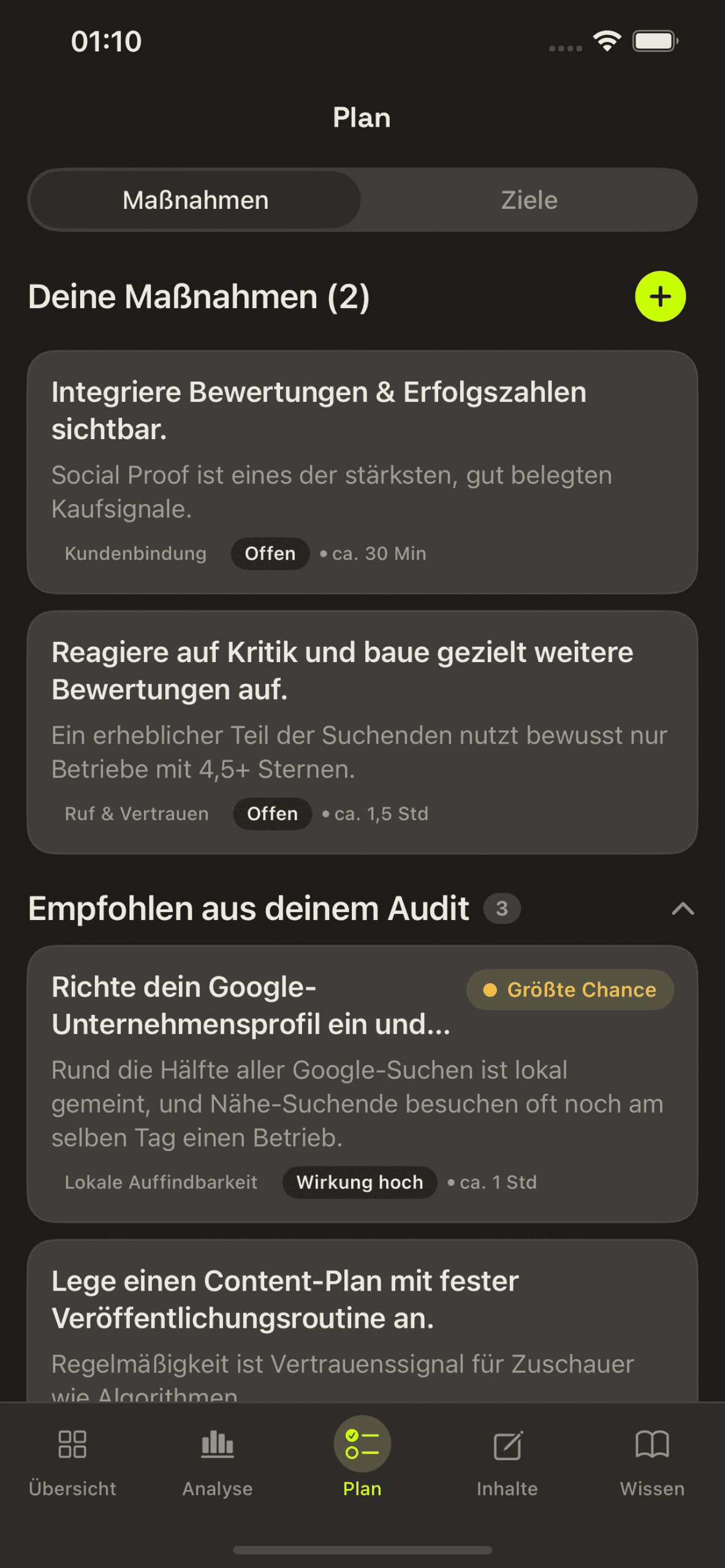 Maßnahmenplan mit Aufwand, Schritten und Erfolgskriterium